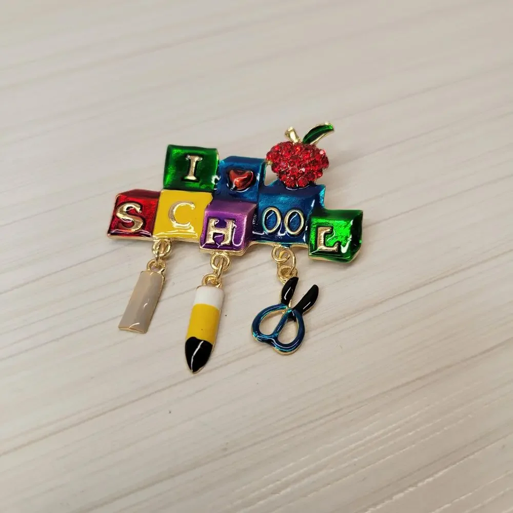 Teacher Gift!!  Colorful Block I Love School Pin with Dangle Figures